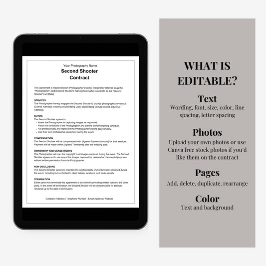 Second Shooter Photography Contract, Photography Contract Template, Photography Template, Wedding Photography Second Shooter Contract