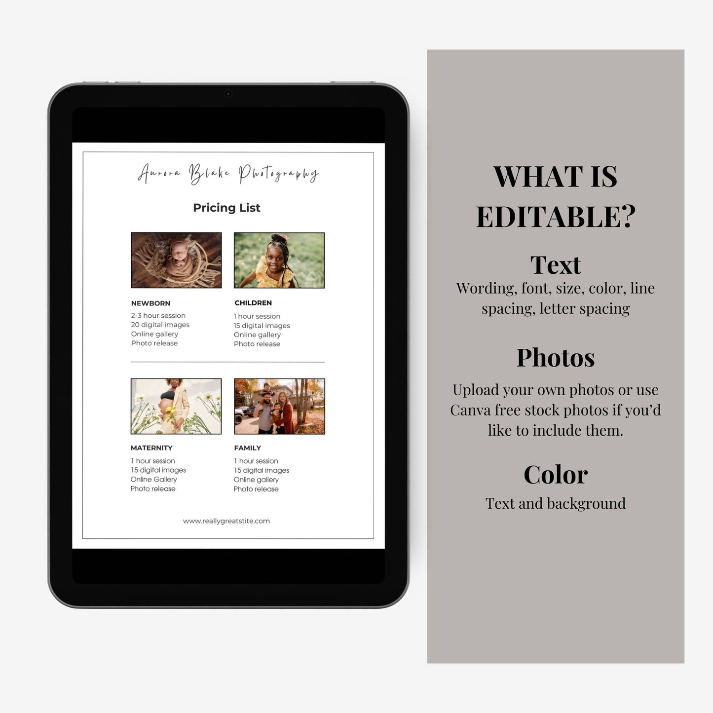 Photography Price List Template