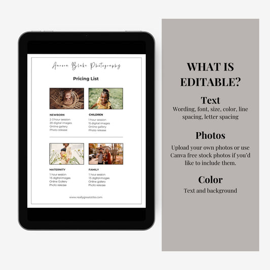 Photography Price List Template