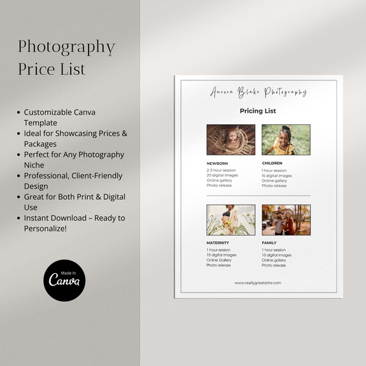 Photography Price List Template
