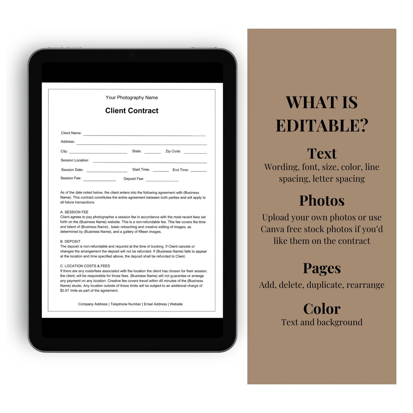 Photography Client Contract Template, Photography Forms, Photography Contract, Client Agreement, Photographer Forms, Marketing Forms