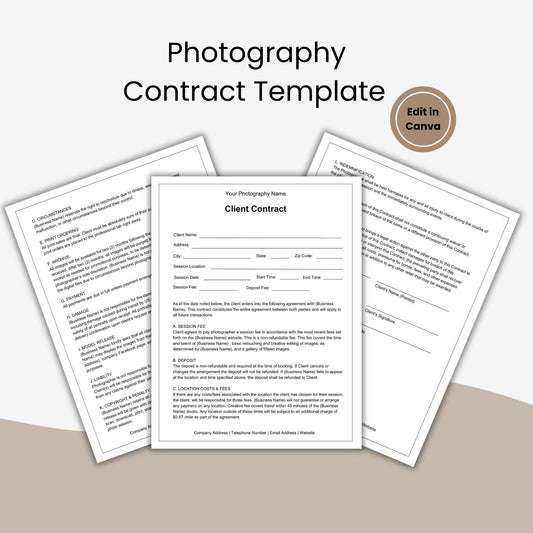 Photography Client Contract Template, Photography Forms, Photography Contract, Client Agreement, Photographer Forms, Marketing Forms