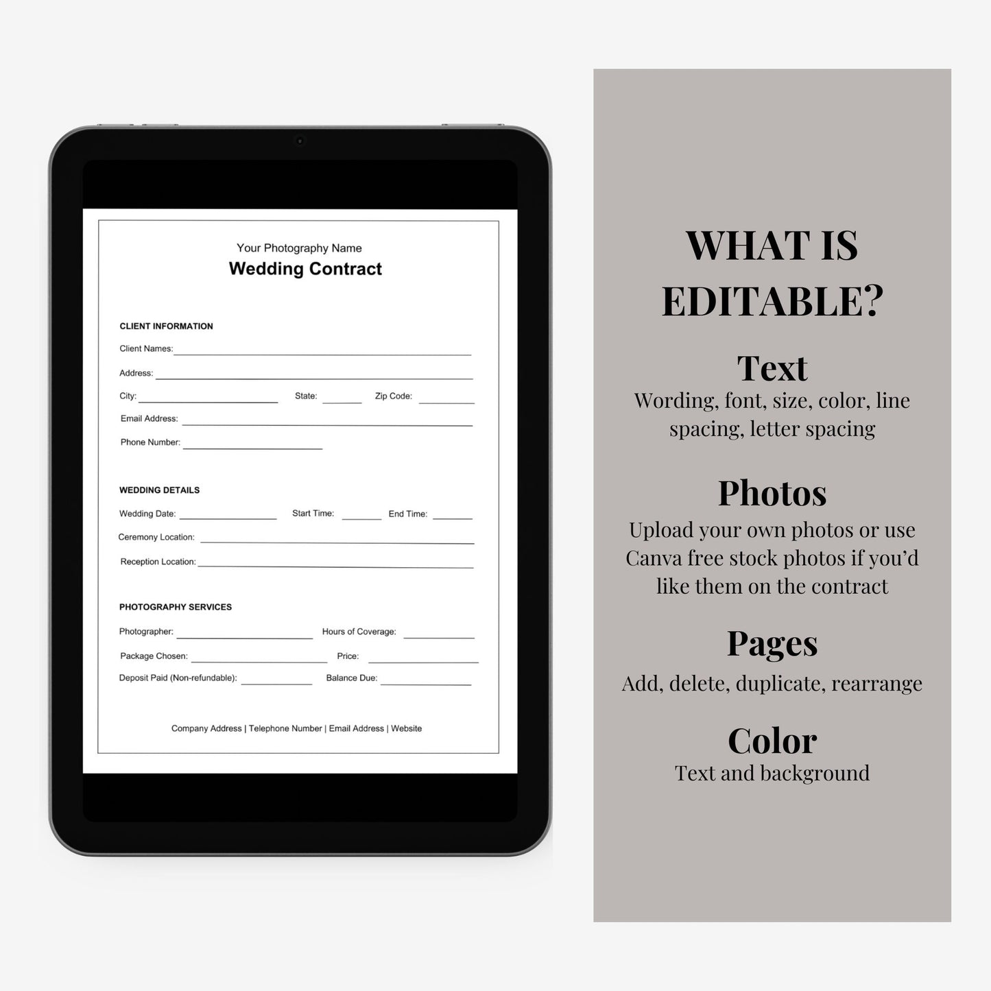 Wedding Photography Contract, Photography Contract Template, Wedding Contract, Photography Forms, Photography Client Contract Template
