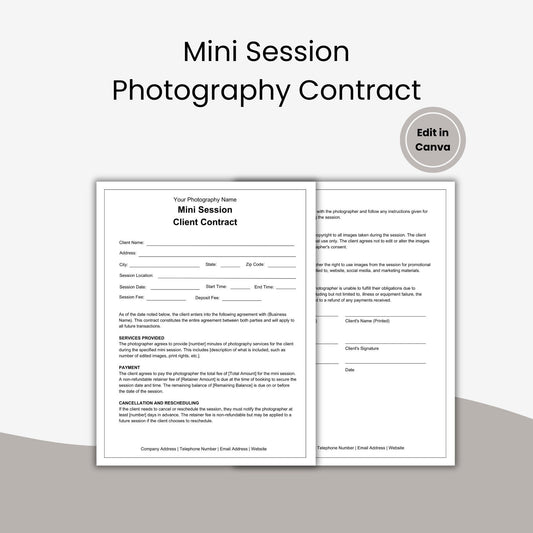 Mini Session Photography Contract, Photography Contract Template, Client Contract, Photography Template, Session Contract
