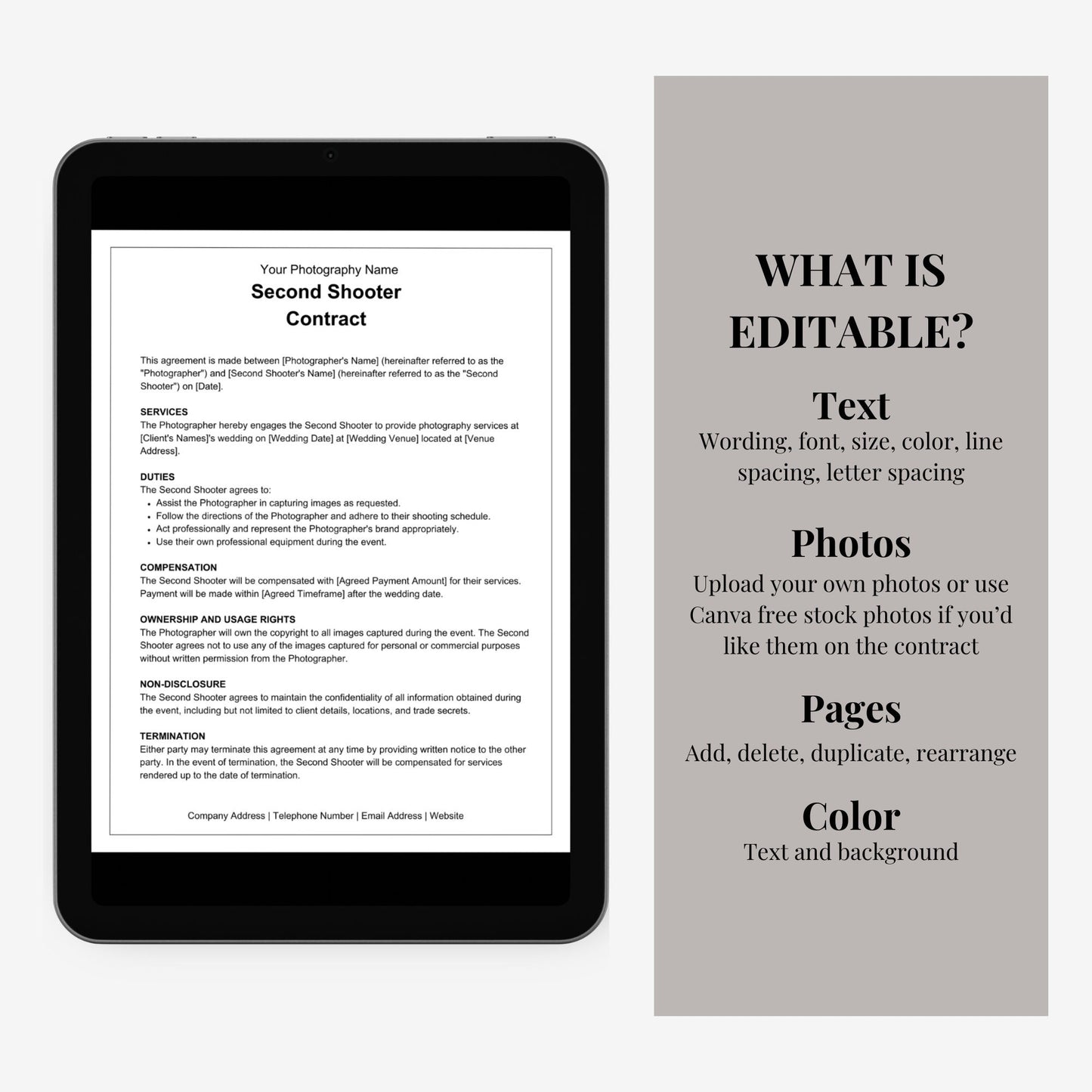 Second Shooter Photography Contract, Photography Contract Template, Photography Template, Wedding Photography Second Shooter Contract