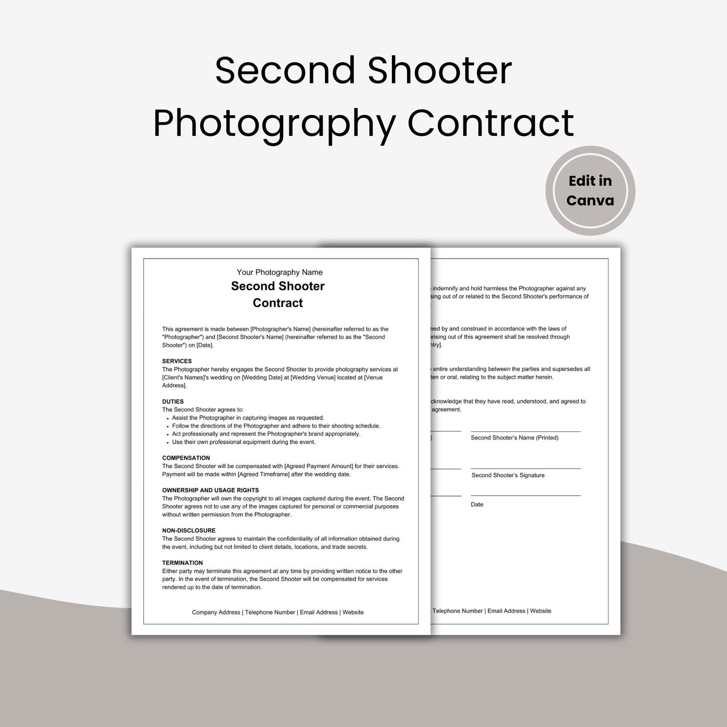Second Shooter Photography Contract, Photography Contract Template, Photography Template, Wedding Photography Second Shooter Contract