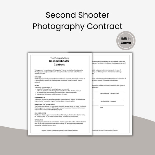 Second Shooter Photography Contract, Photography Contract Template, Photography Template, Wedding Photography Second Shooter Contract