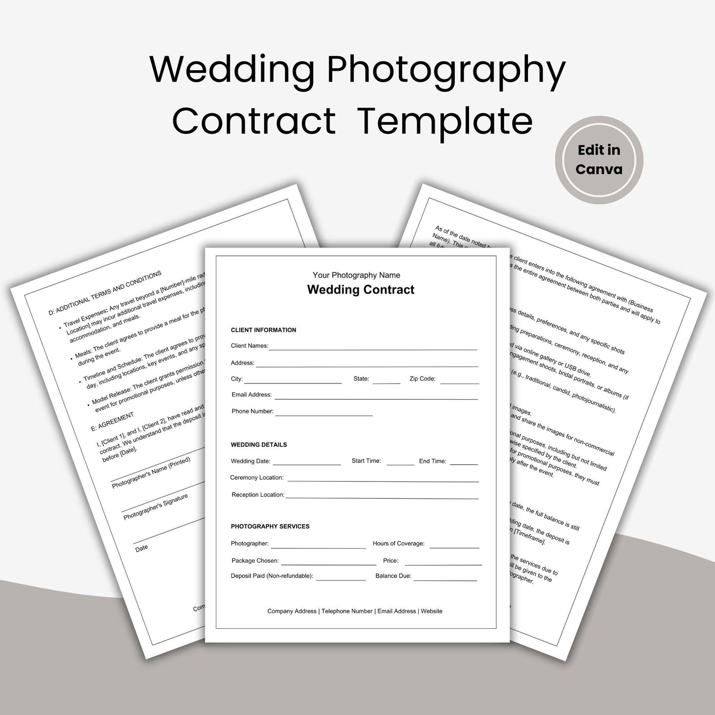 Wedding Photography Contract, Photography Contract Template, Wedding Contract, Photography Forms, Photography Client Contract Template