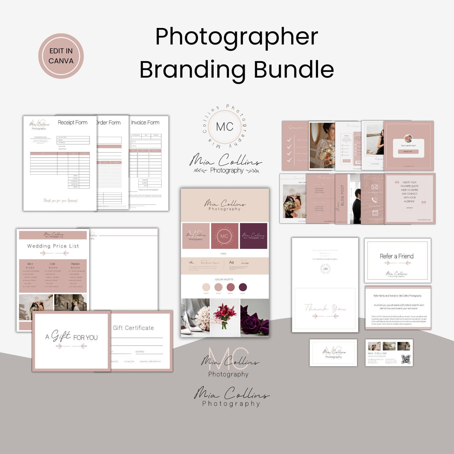 Photographer Branding Bundle, Photography Branding Kit, Photography Business Templates, Photography Logo, Business Card, Price List
