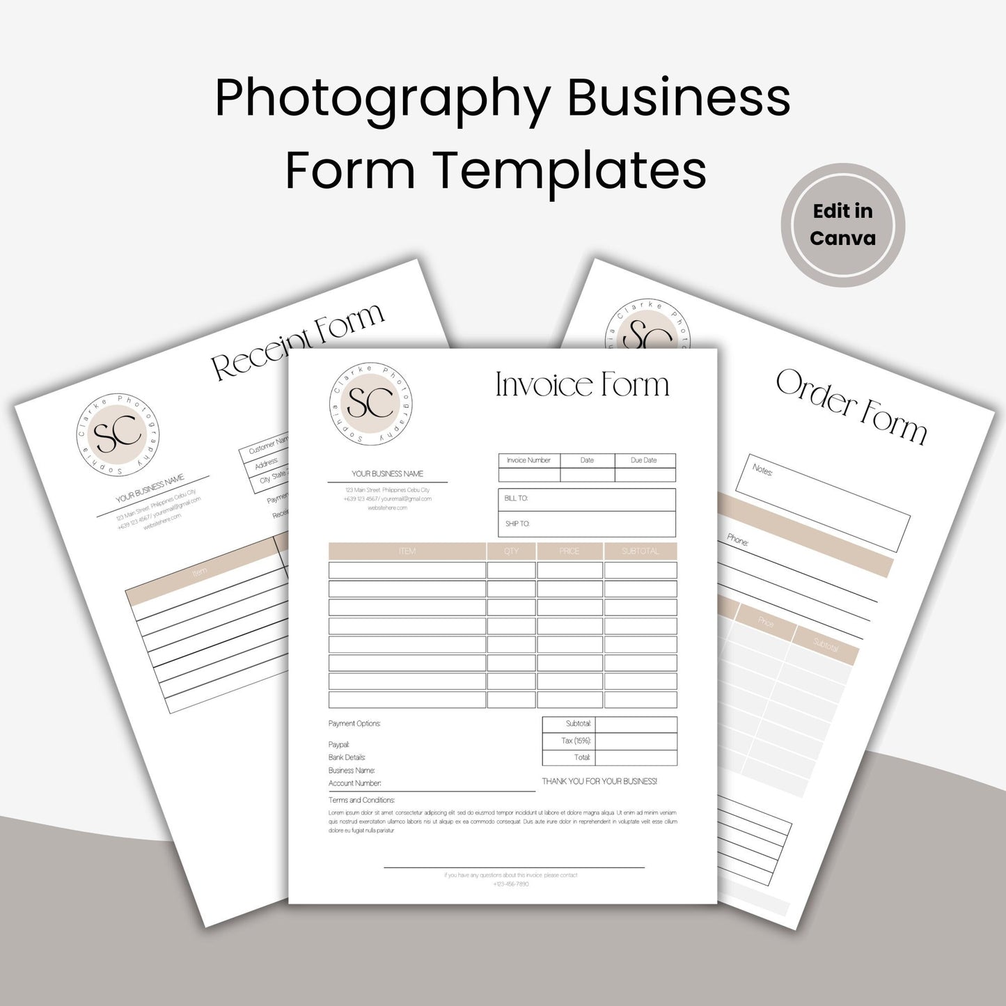 Photography Invoice Form, Business Form Templates, Photography Order Form, Receipt Form, Canva Templates, Invoice Templates