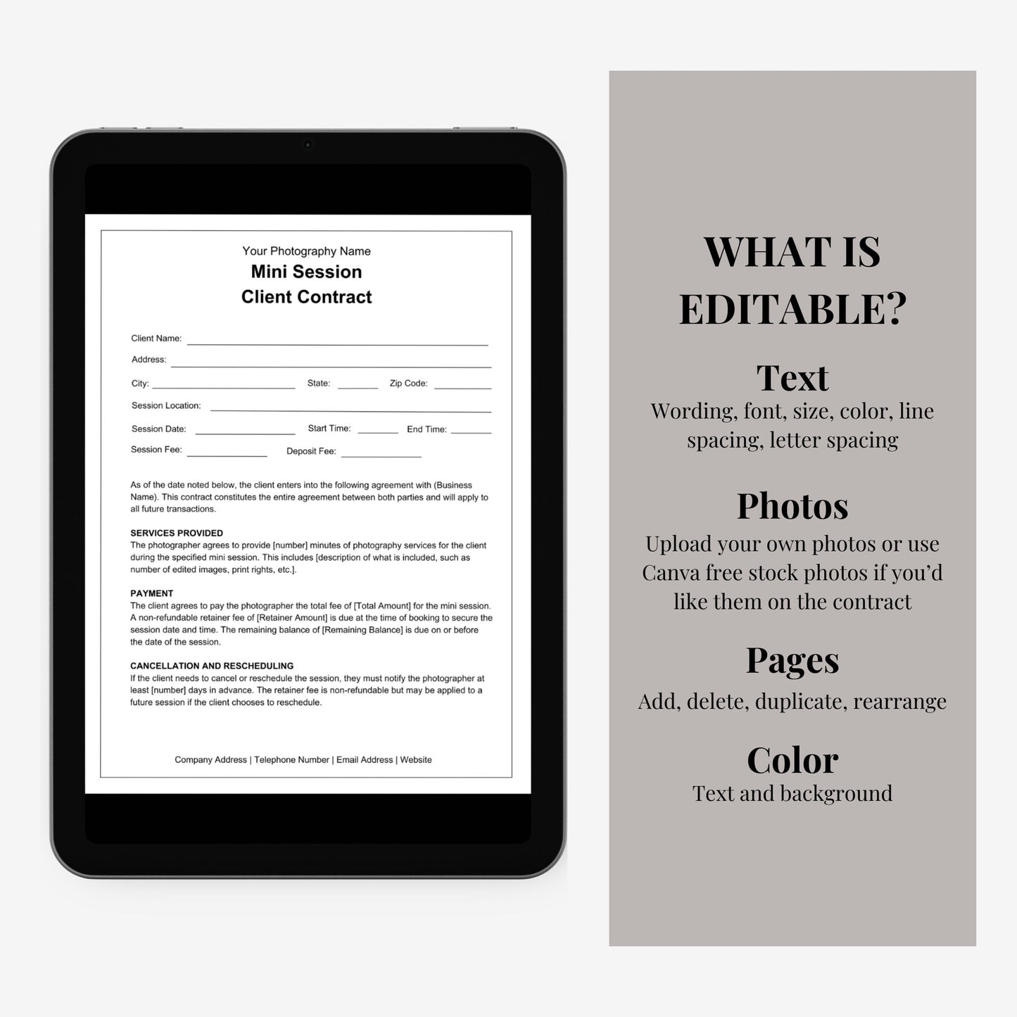 Mini Session Photography Contract, Photography Contract Template, Client Contract, Photography Template, Session Contract